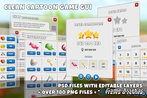 Clean, cartoon 4k game GUI - over 180 PNG files!